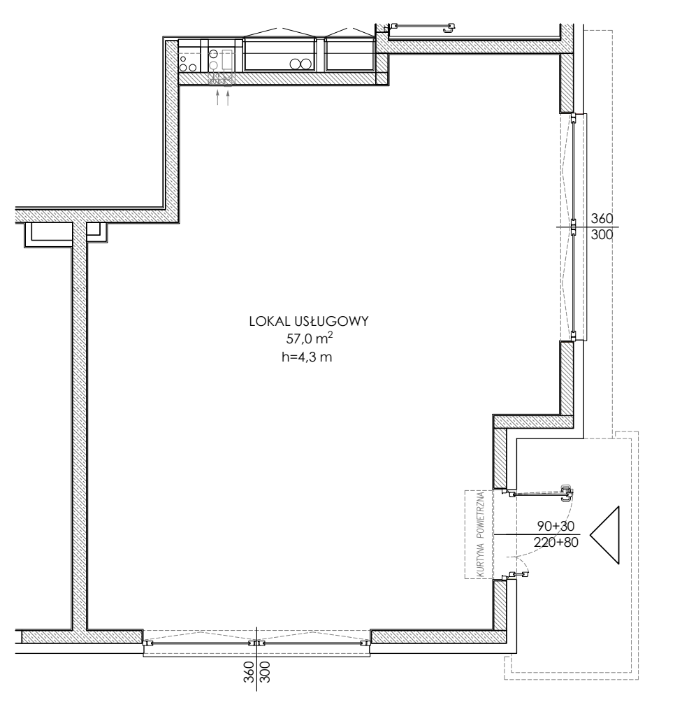Rzut wyjściowy lokalu o powierzchni 57 m&sup2;